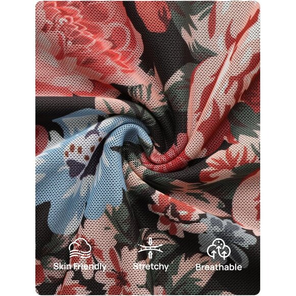 Zesica Women's Floral Black Ruched Mesh Long Sleeve Floral Bodycon Dress - Picture 5 of 5